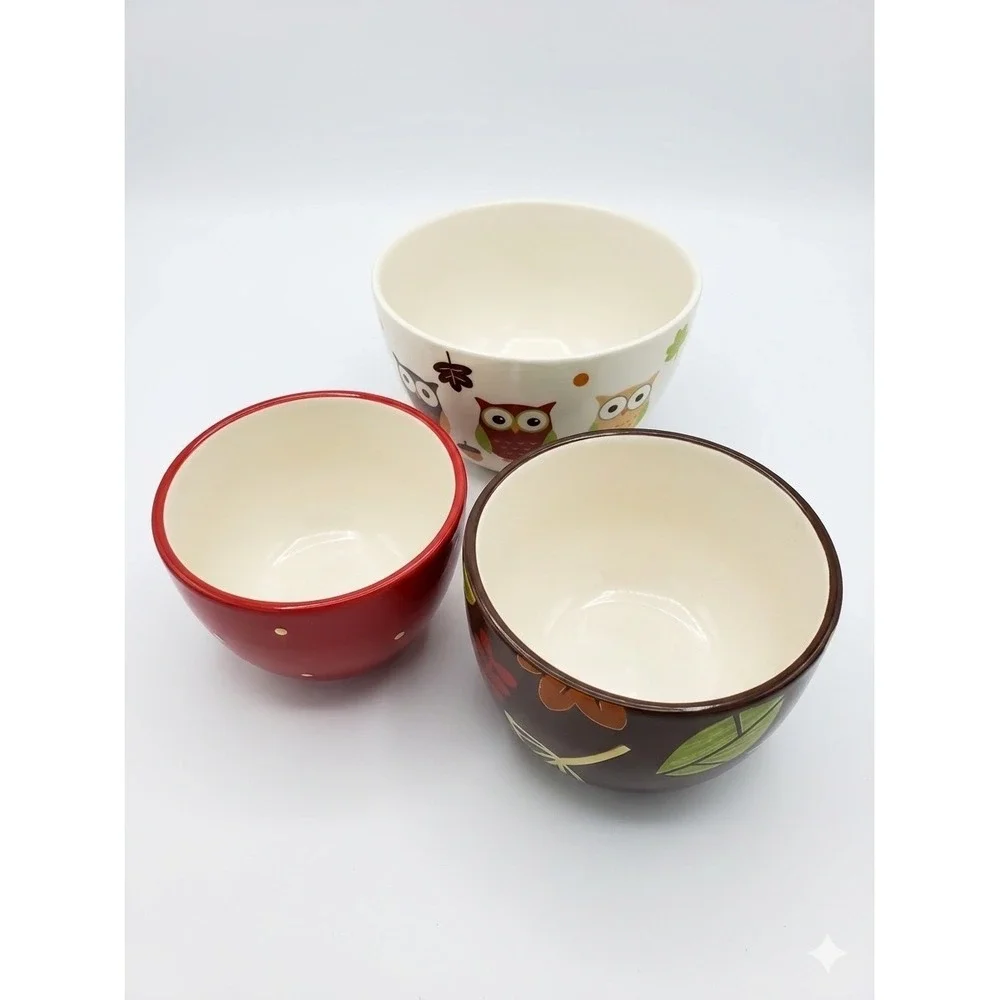 Pier 1 Imports Owl Fall Leaves Nesting Bowls Set‎ of 3 Hand Painted Earthenware